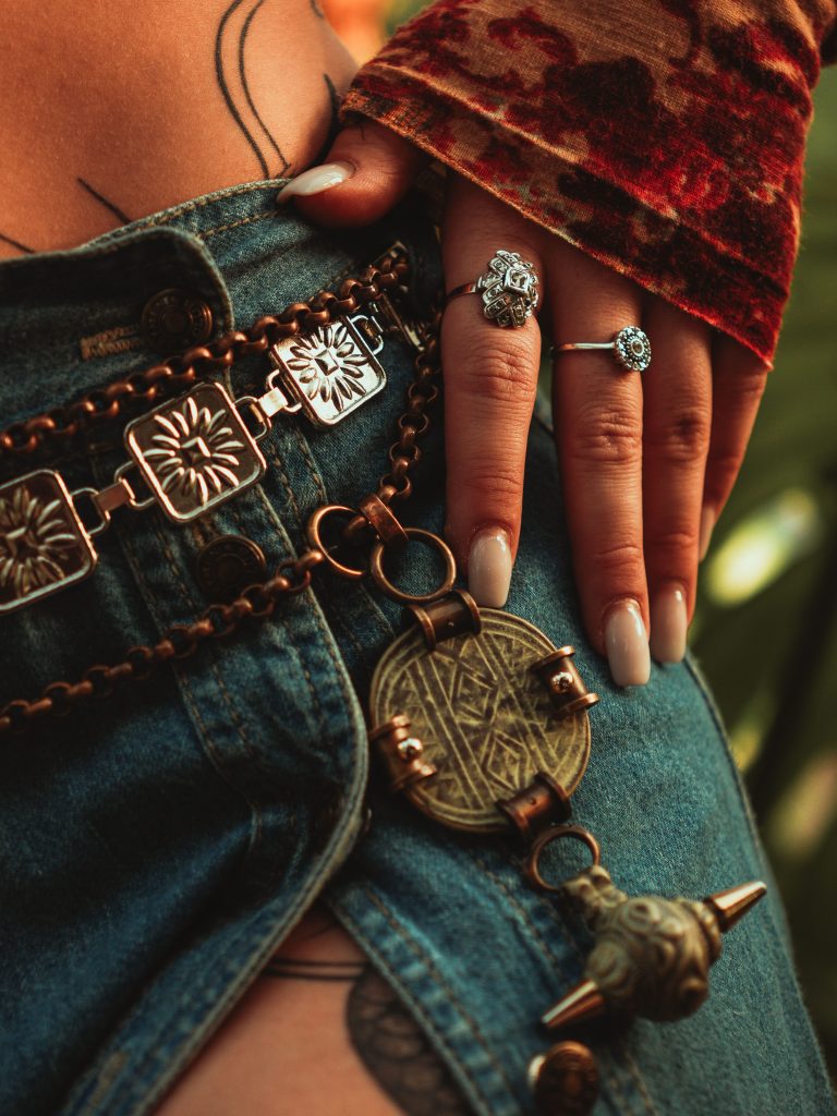 Boho fashion accessories styled with denim and jewellery